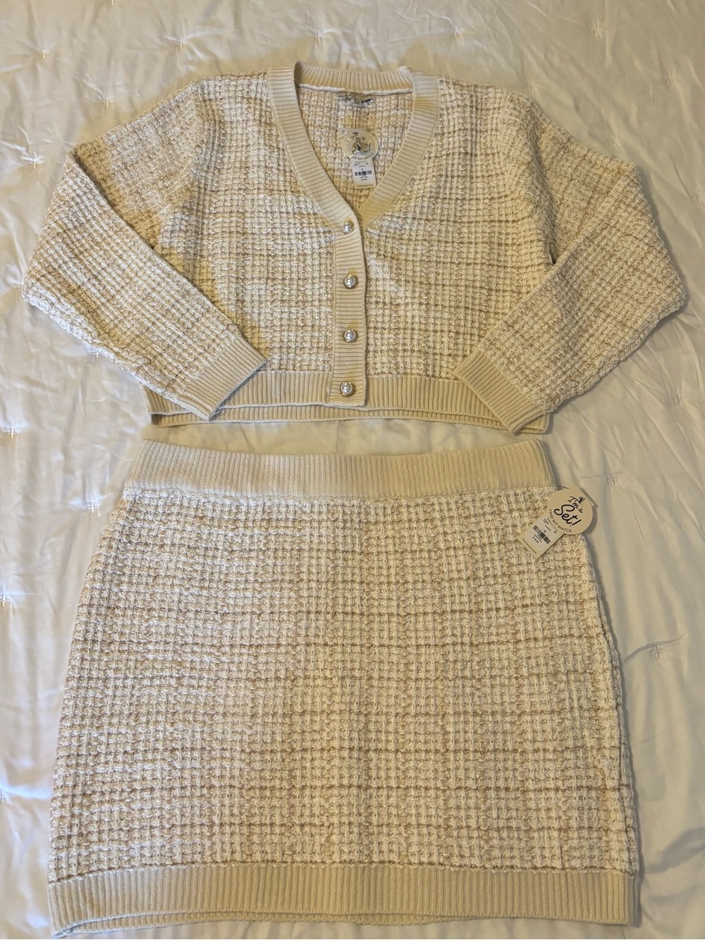 Francesca's Collections Cream Tweed Cardigan & Skirt Set